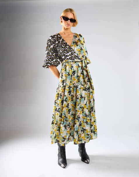 Glamorous Wrap front tiered midaxi dress in mono mustard floral - view 1