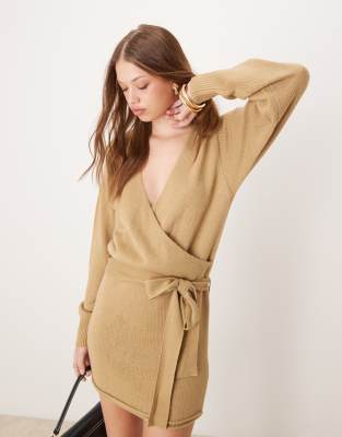 Glamorous wrap knitted mini dress in khaki