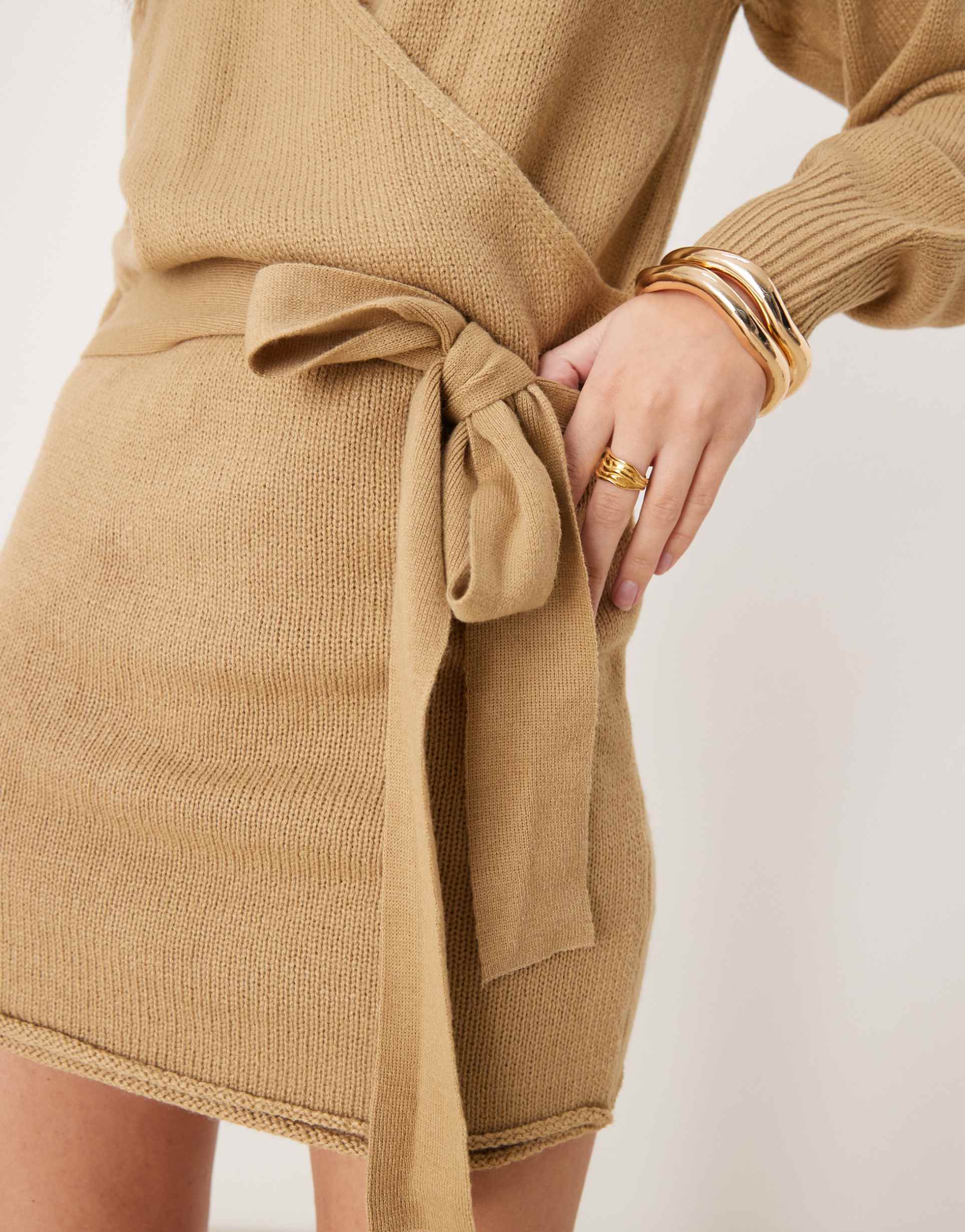 glamorous wrap knitted mini dress in khaki