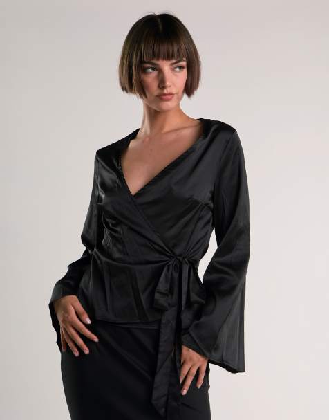Glamorous Wrap long sleeve top in black sateen - view 1