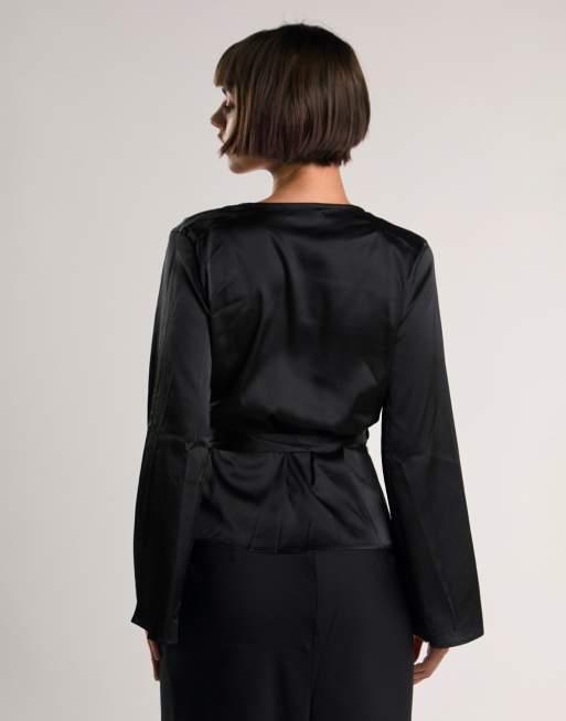 Glamorous Wrap long sleeve top in black sateen, 2 of 4
