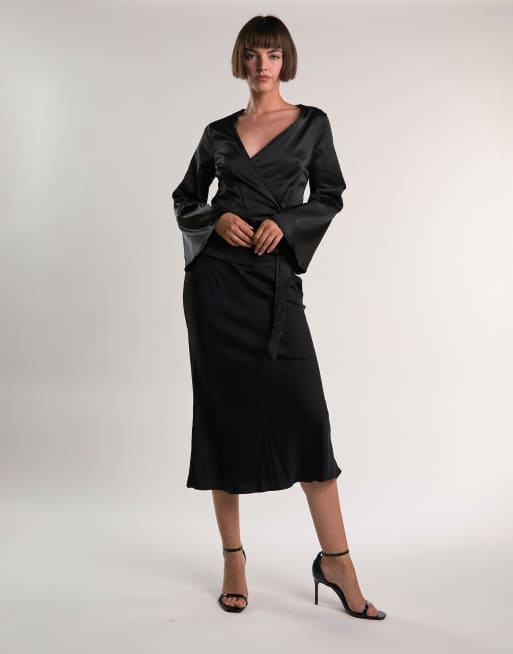 Glamorous Wrap long sleeve top in black sateen, 4 of 4