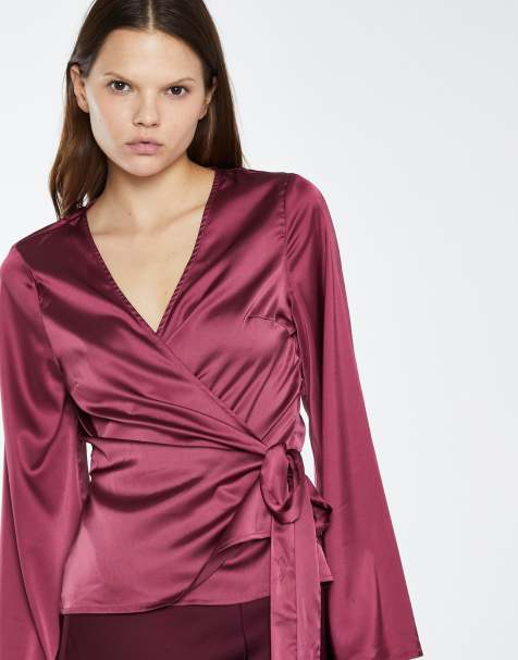 Glamorous Wrap long sleeve top in dark raspberry sateen