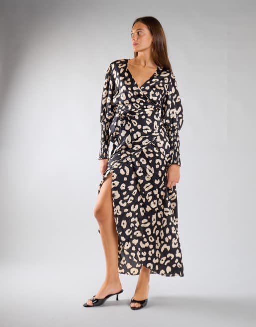 Glamorous Wrap maxi dress in black cream large leopard, 3 of 4