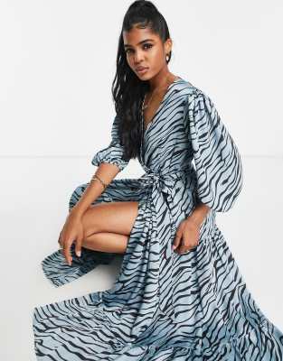 Glamorous wrap maxi dress in blue zebra - ASOS Price Checker