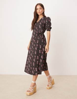 Glamorous Wrap midi dress in black pink motif - view 1