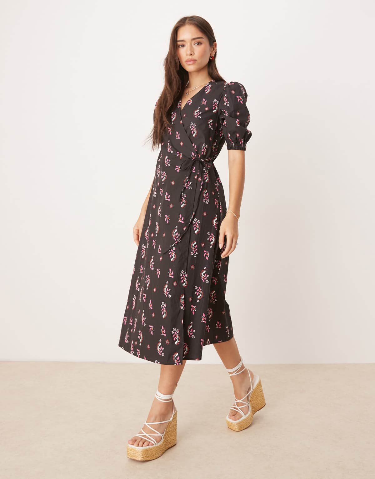 Glamorous Wrap midi dress in black pink motif