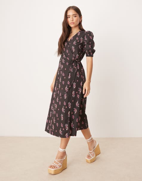Glamorous Wrap midi dress in black pink motif