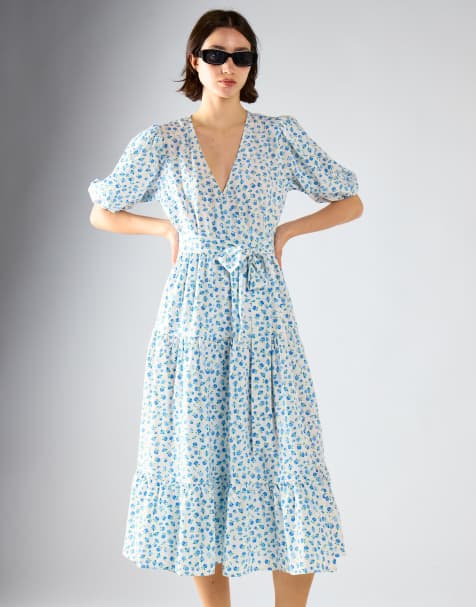 Glamorous Wrap midi dress in blue bud floral