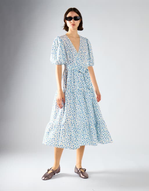Glamorous Wrap midi dress in blue bud floral, 2 of 4