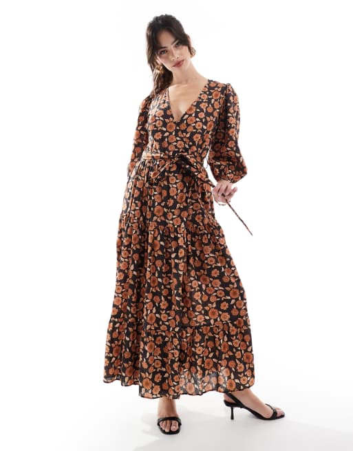 Glamorous Wrap midi dress in burnt orange daisy 