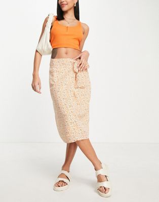 Glamorous wrap midi skirt in orange ditsy floral