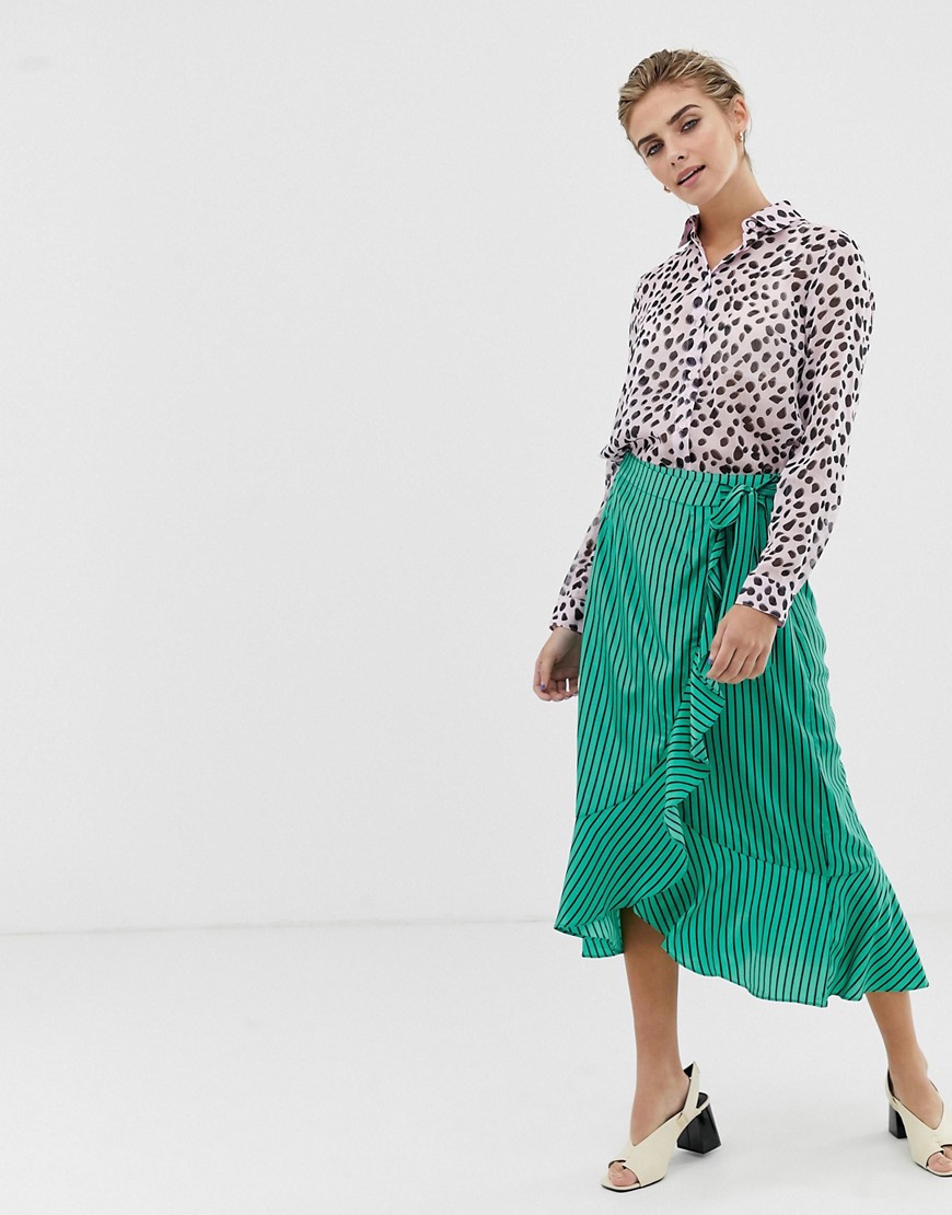 Glamorous Wrap Midi Skirt In Satin Stripe-green