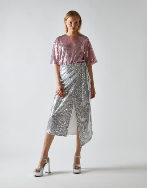 Glamorous Wrap midi-skirt in silver sequin - view 1