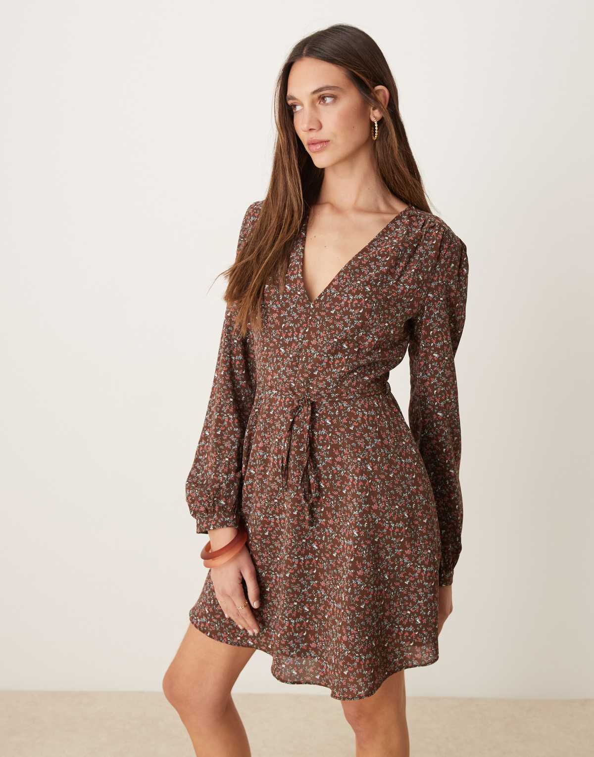 Glamorous wrap mini dress in 70's brown ditsy floral