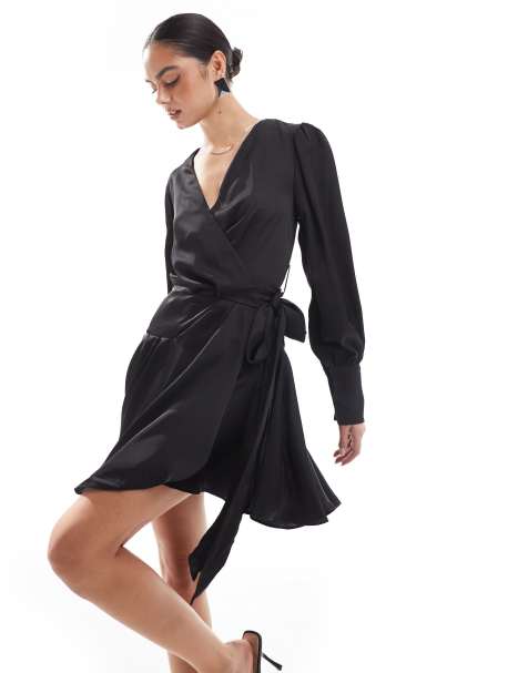 Glamorous Wrap mini dress in black sateen - view 1