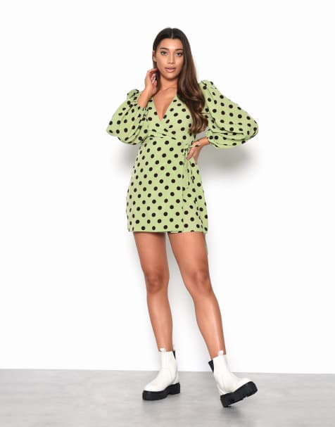 Glamorous Wrap mini-dress in green brown polka dot - view 1