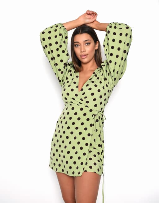 Glamorous Wrap mini-dress in green brown polka dot, 2 of 3