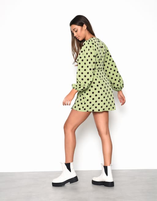 Glamorous Wrap mini-dress in green brown polka dot, 3 of 3