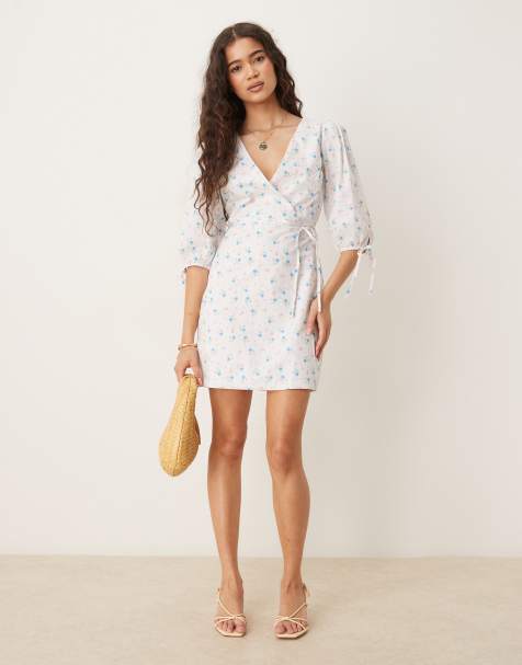 Glamorous Wrap mini dress in white blue pink ditsy - view 1
