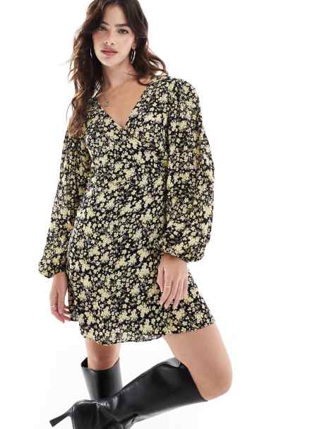 Glamorous Wrap mini dress in yellow folk floral - view 1