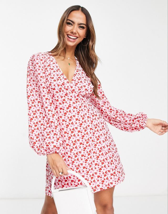 Glamorous - wrap mini tea dress in pink ditsy