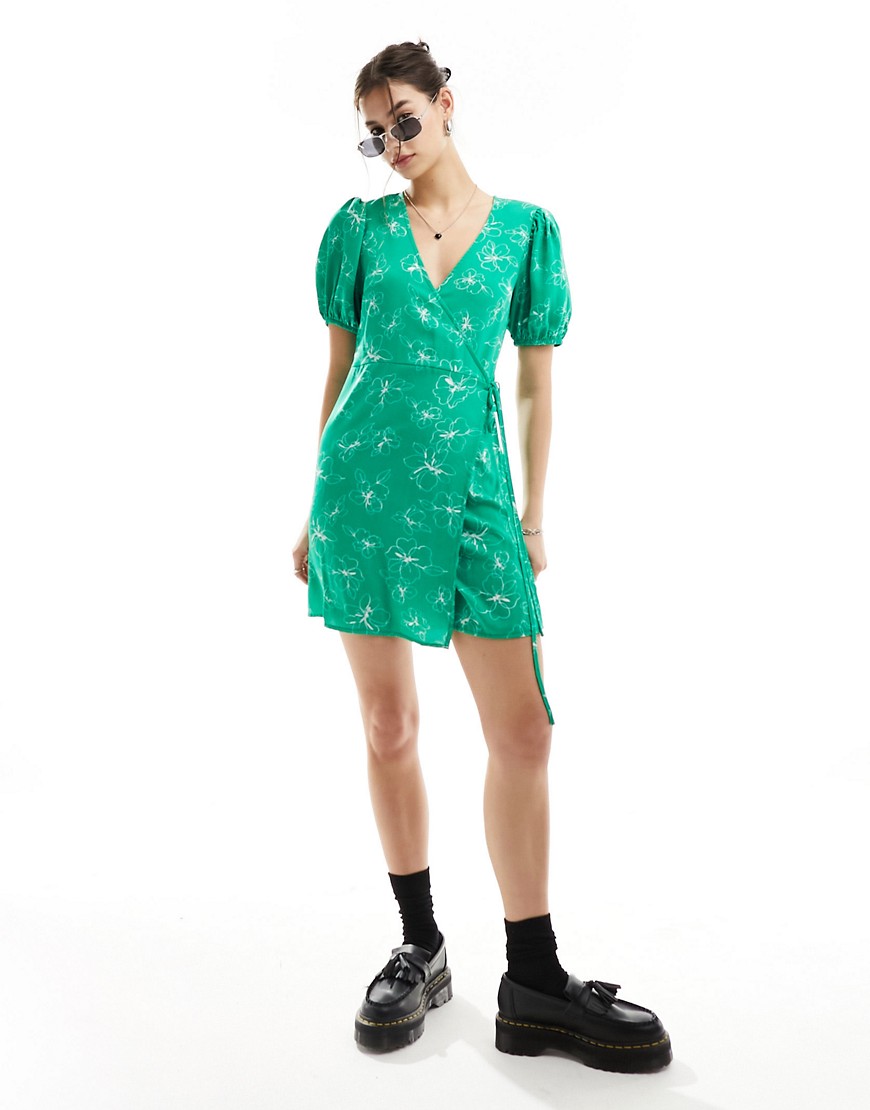 Glamorous wrap short sleeve tea dress in green scribble floral
