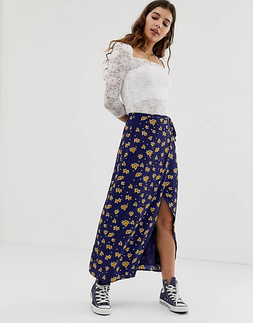 Glamorous wrap tie midi skirt in sunflower print