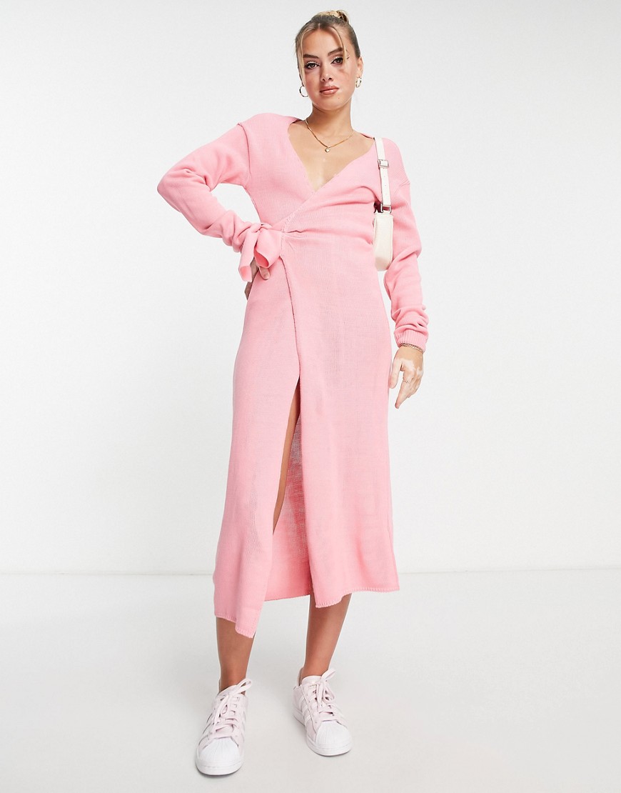 Glamorous wrap tie waist midi jumper dress in candy pink-Neutral
