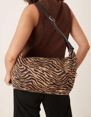zebra print slouchy shoulder bag-Black
