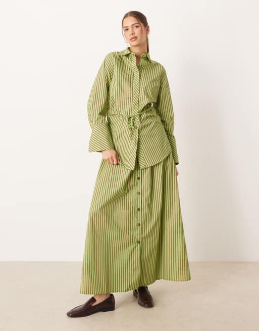 Glamorous – Zielono-czerwona, zapinana na guziki spódnica popelinowa maxi w paski