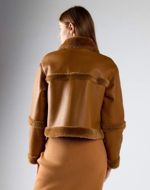 Glamorous Zip front faux suede jacket with shearling trim in tan, 4 of 4