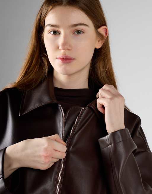 Glamorous Zip up jacket in brown pu, 3 of 4