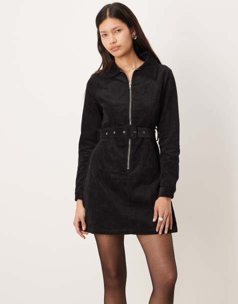 Glamorous Zipper front mini dress in black corduroy