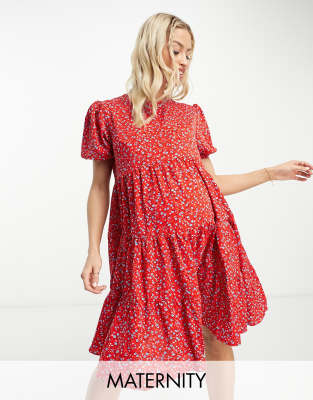 Glamorous - Zwangerschapskleding - Gelaagde aangerimpelde mini jurk met fijne print in rood