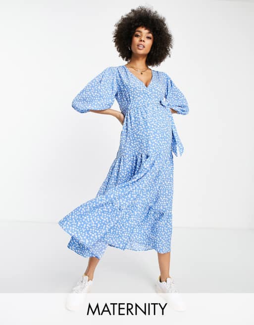 Glamorous - Zwangerschapskleding - Lange wikkeljurk met ballonmouwen in blauw met fijne print