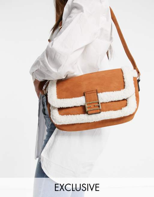 Glamourous Exclusive cross body bag in tan with cream shearling teddy trim | ASOS