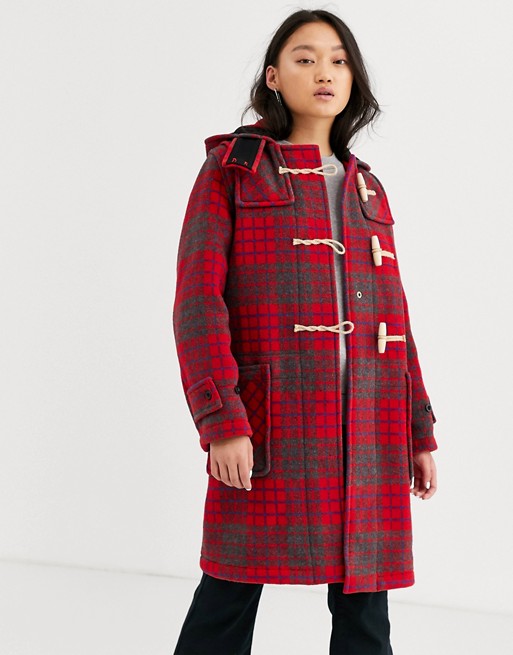 Gloverall Monty full length red check duffle coat in wool blend