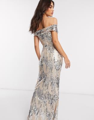 sequin bardot maxi dress