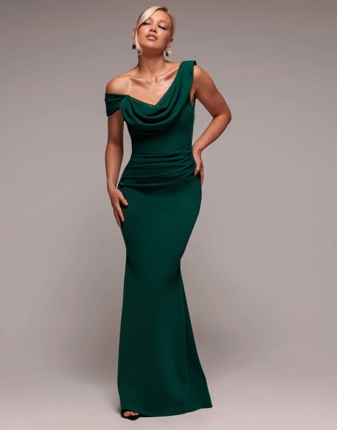 Goddiva Asymmetric chiffon cowl neck maxi dress in bottlegreen - view 1