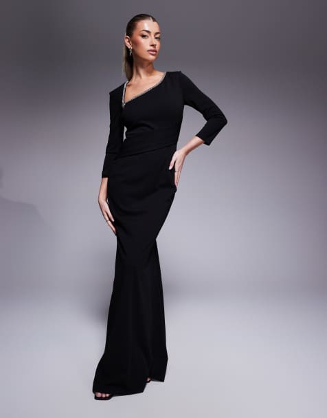 Goddiva Asymmetric neck diamante embellished maxi dress in black