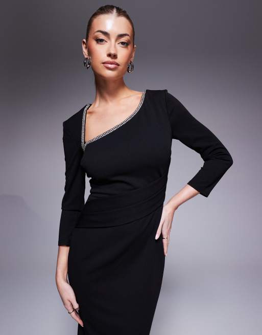 Goddiva Asymmetric neck diamante embellished maxi dress in black, 3 of 4