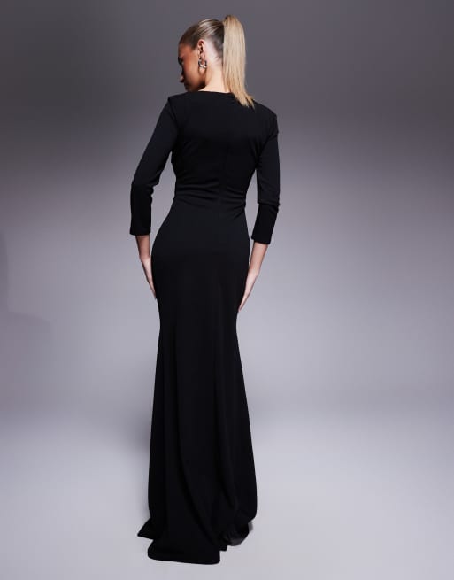 Goddiva Asymmetric neck diamante embellished maxi dress in black, 4 of 4