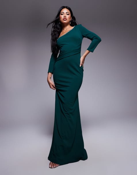Goddiva Asymmetric neck diamante embellished maxi dress in emerald