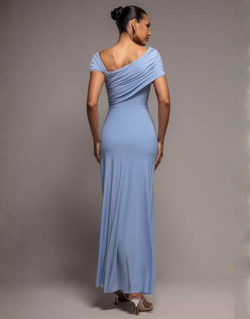 Goddiva Asymmetric neck gathered waist maxi dress in blue, 2 of 4