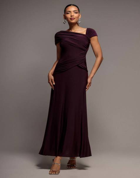 Goddiva Asymmetric neck gathered waist maxi dress in burgundy - view 1