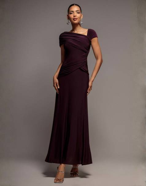 Goddiva Asymmetric neck gathered waist maxi dress in burgundy