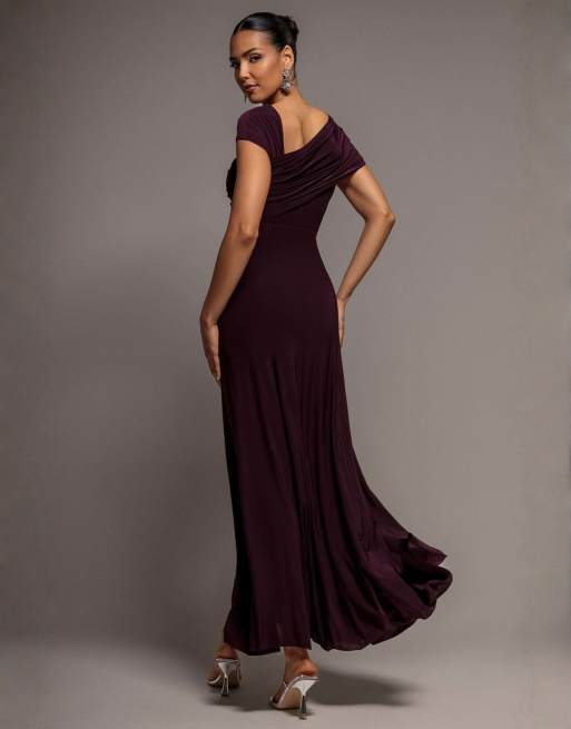 Goddiva Asymmetric neck gathered waist maxi dress in burgundy, 2 of 4