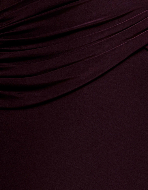 Goddiva Asymmetric neck gathered waist maxi dress in burgundy, 4 of 4