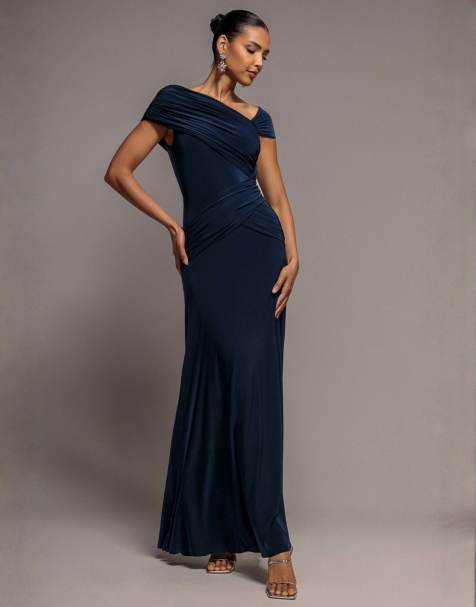 Goddiva Asymmetric neck gathered waist maxi dress in navy - view 1